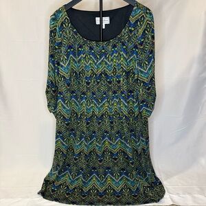 Chelsea Suite Women’s Size 18W Multicolor Chevron Shift Dress Long Sleeve EUC